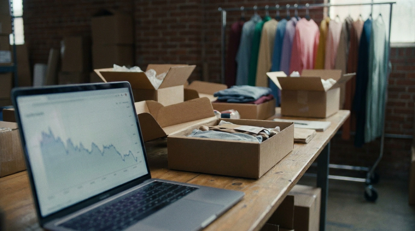 Fashion ecommerce studio with a garment rack and a laptop showing a declining analytics chart
