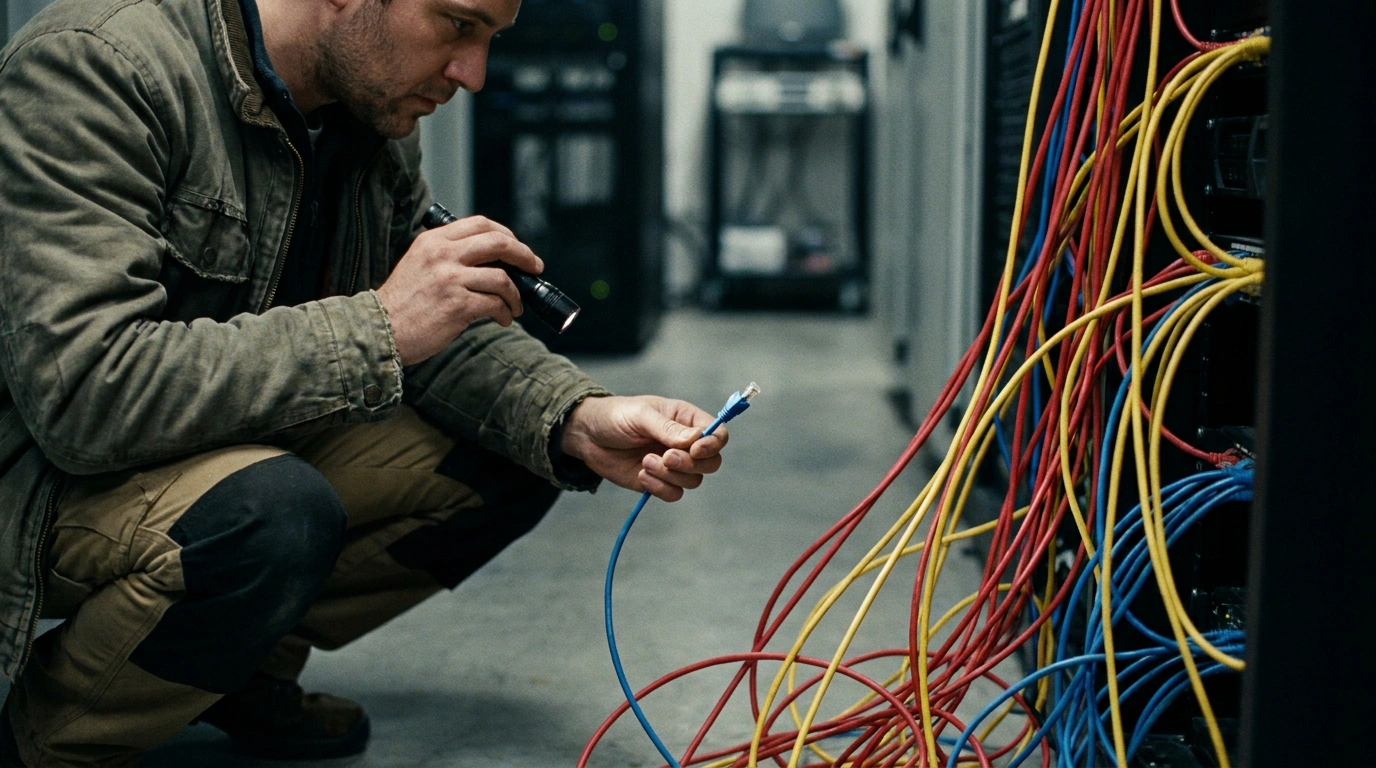 Person tracing tangled network cables with a flashlight, one cable unplugged