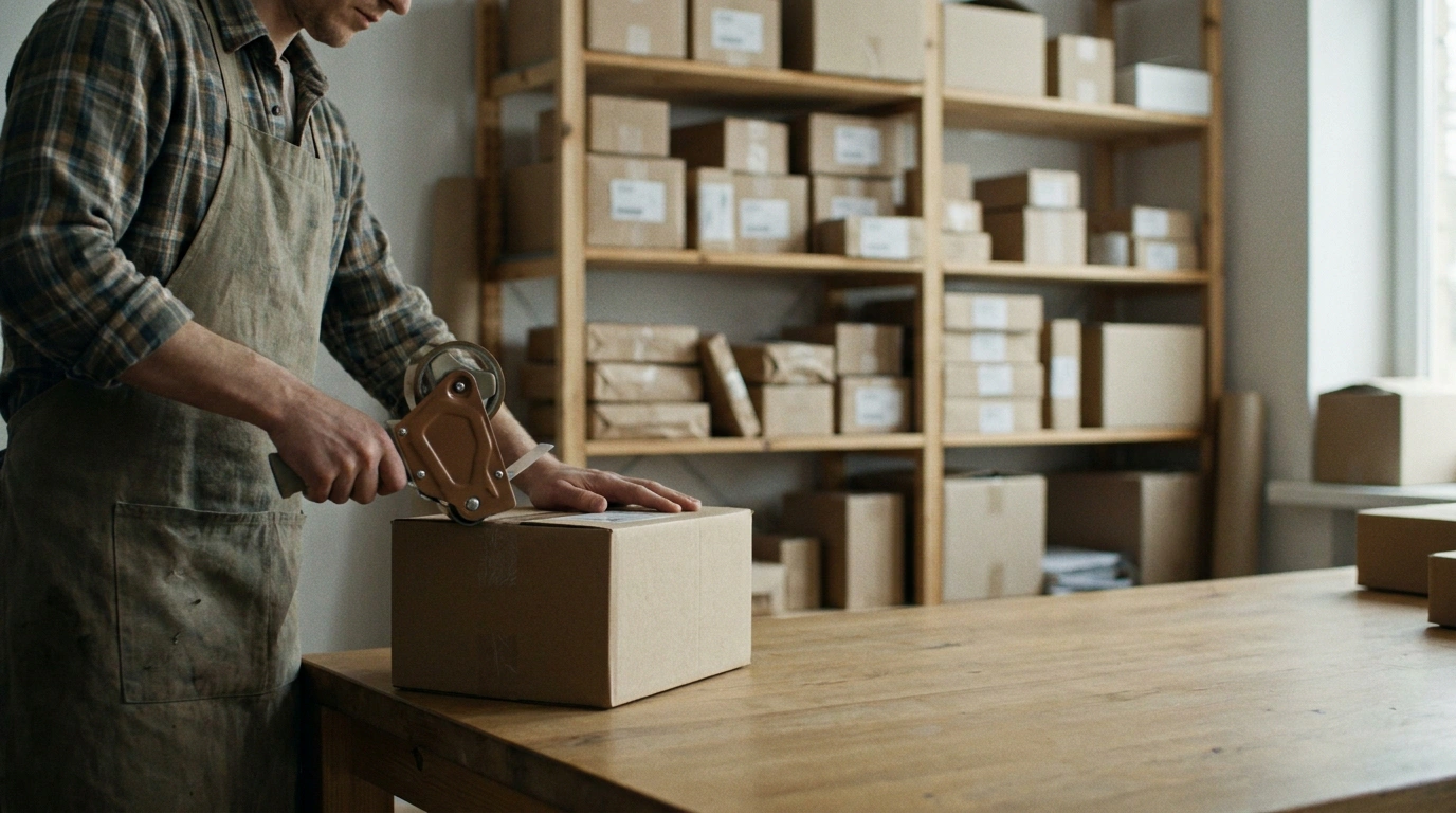 Creator studio wall of parcels being prepared for product seeding, one person taping a kraft box