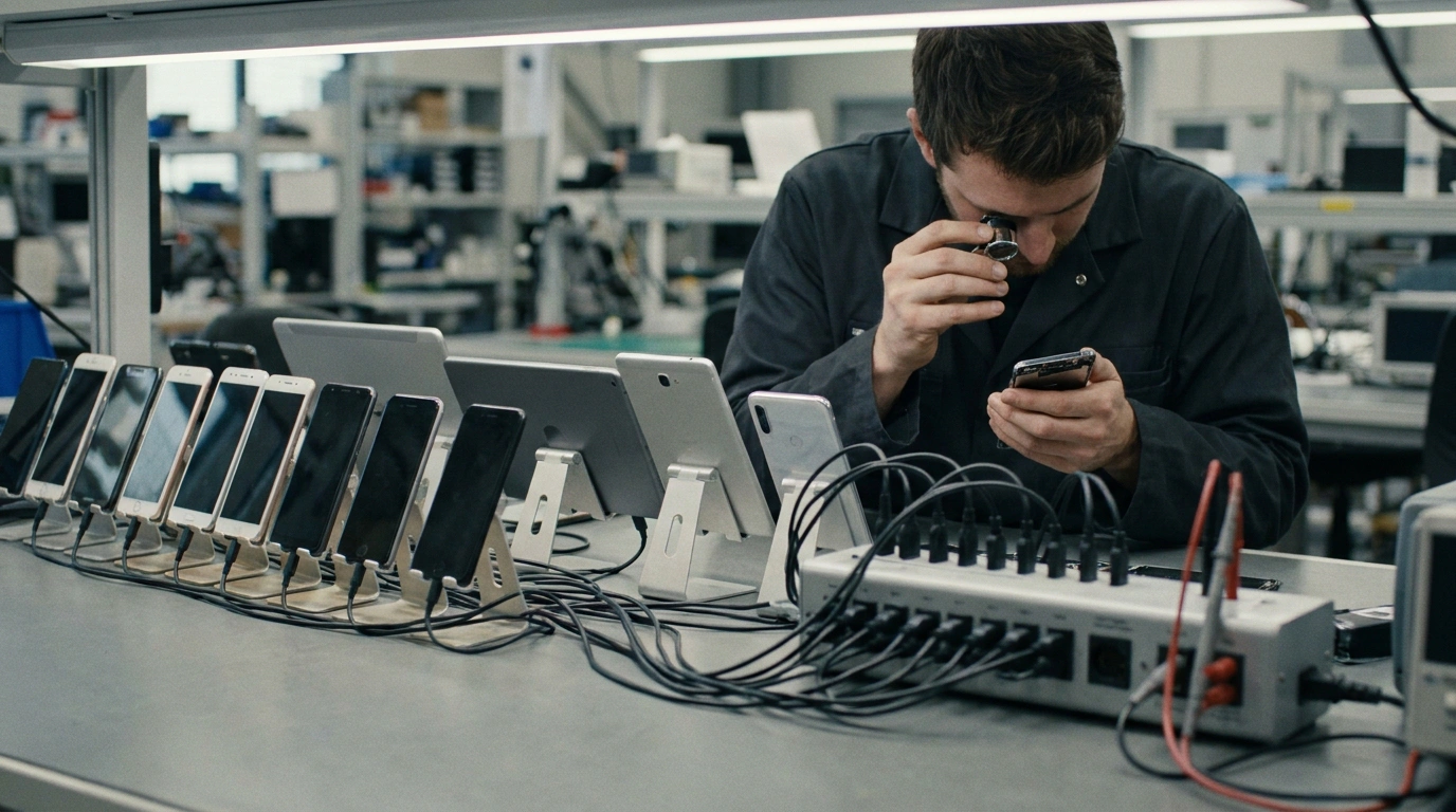 Test bench with a row of smartphones and tablets on stands while a person inspects one phone with a loupe