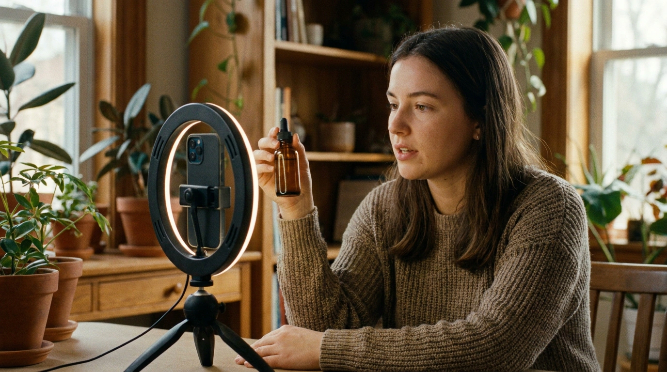 Content creator filming a vertical product video on a smartphone tripod in a daylight apartment