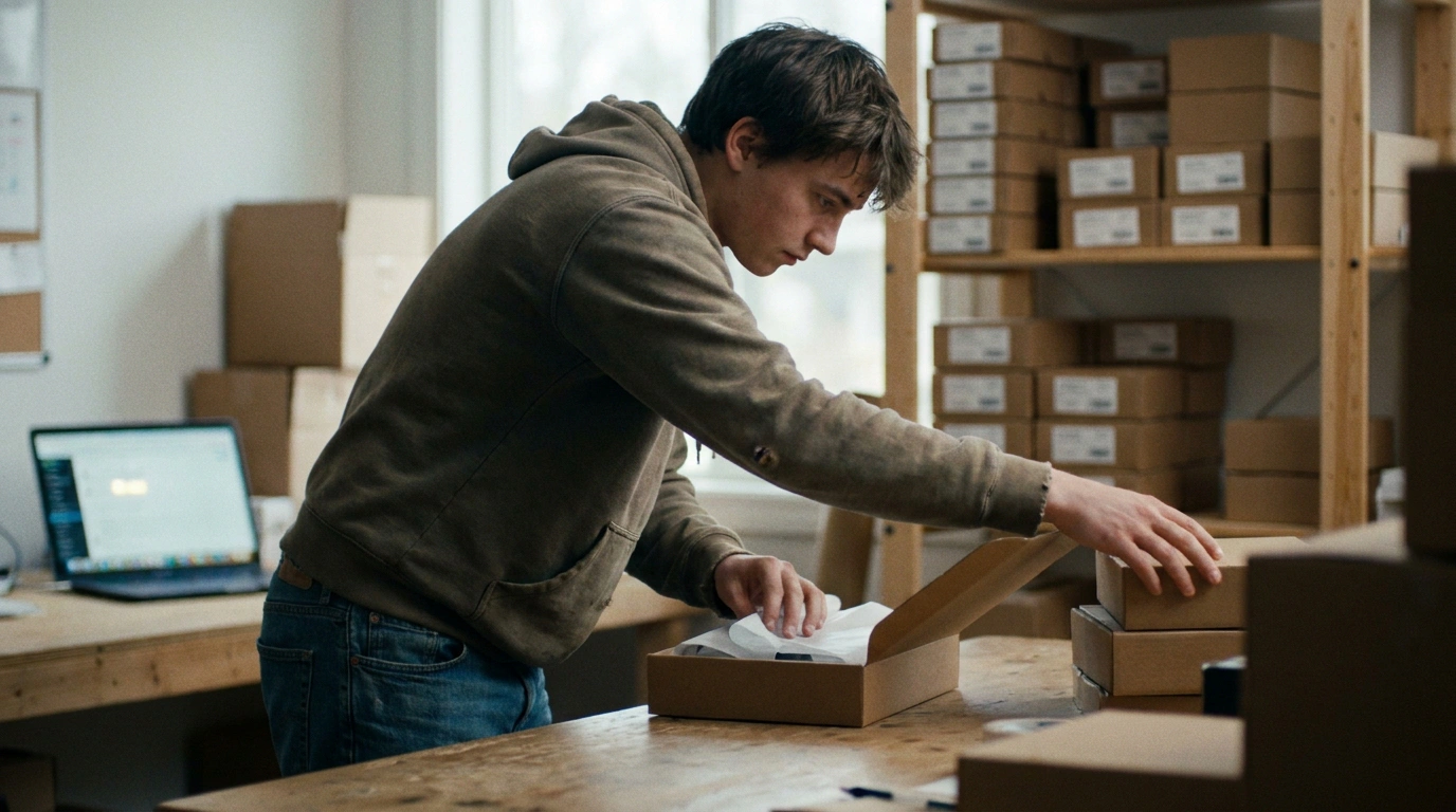 Founder packing direct to consumer orders in a small studio with kraft boxes and inventory shelves
