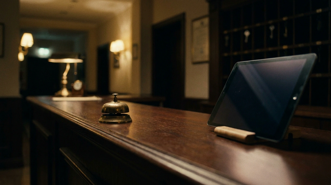 Empty hotel reception desk late at night lit by a single lamp
