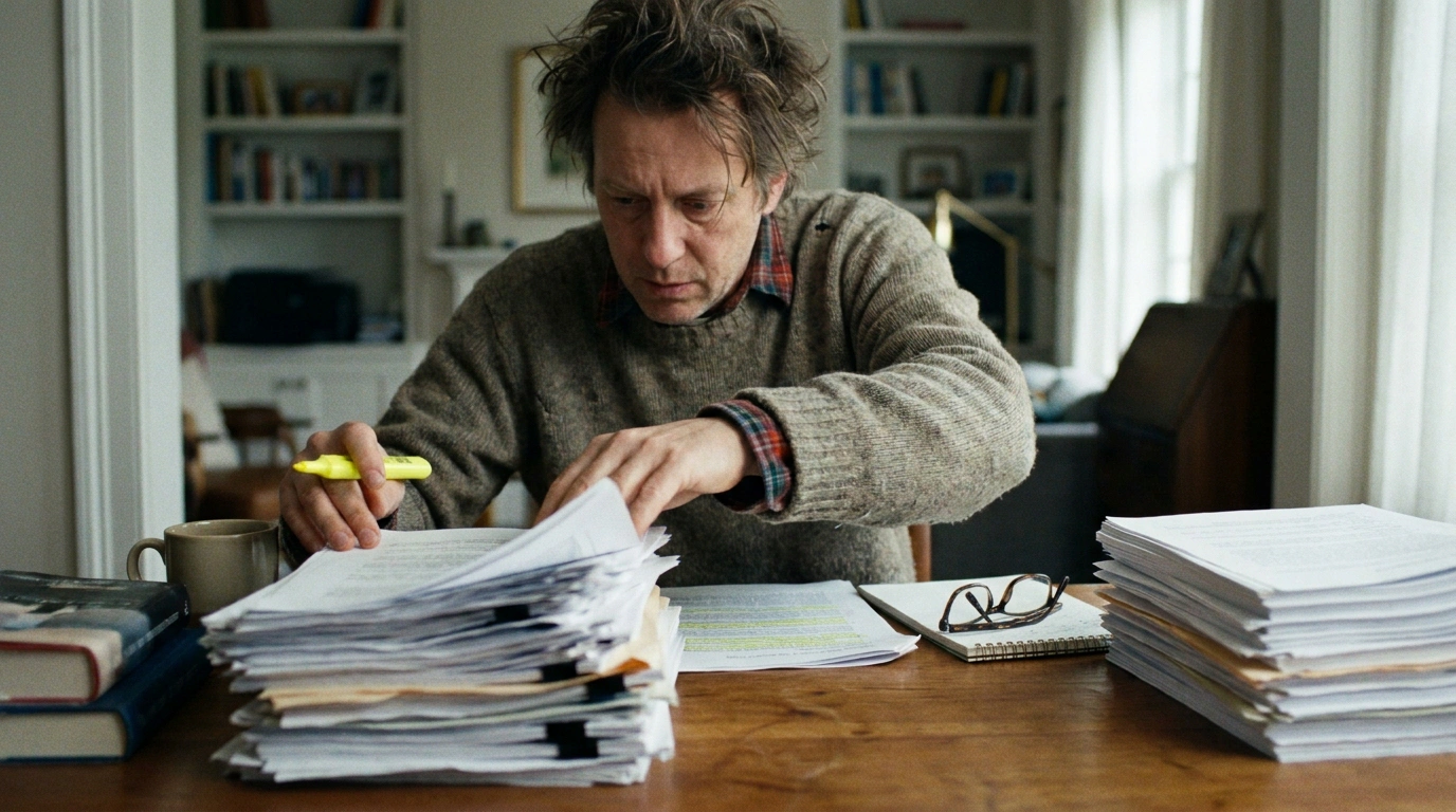 Person at a desk sorting printed articles into a large discard pile and a small keep pile